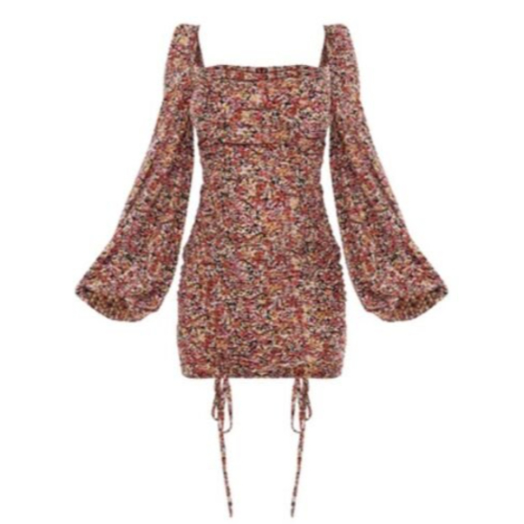 PrettyLittleThing Dresses & Skirts - PrettyLittleThings Floral Chiffon Bubble Sleeve Cottage Core Mini Dress